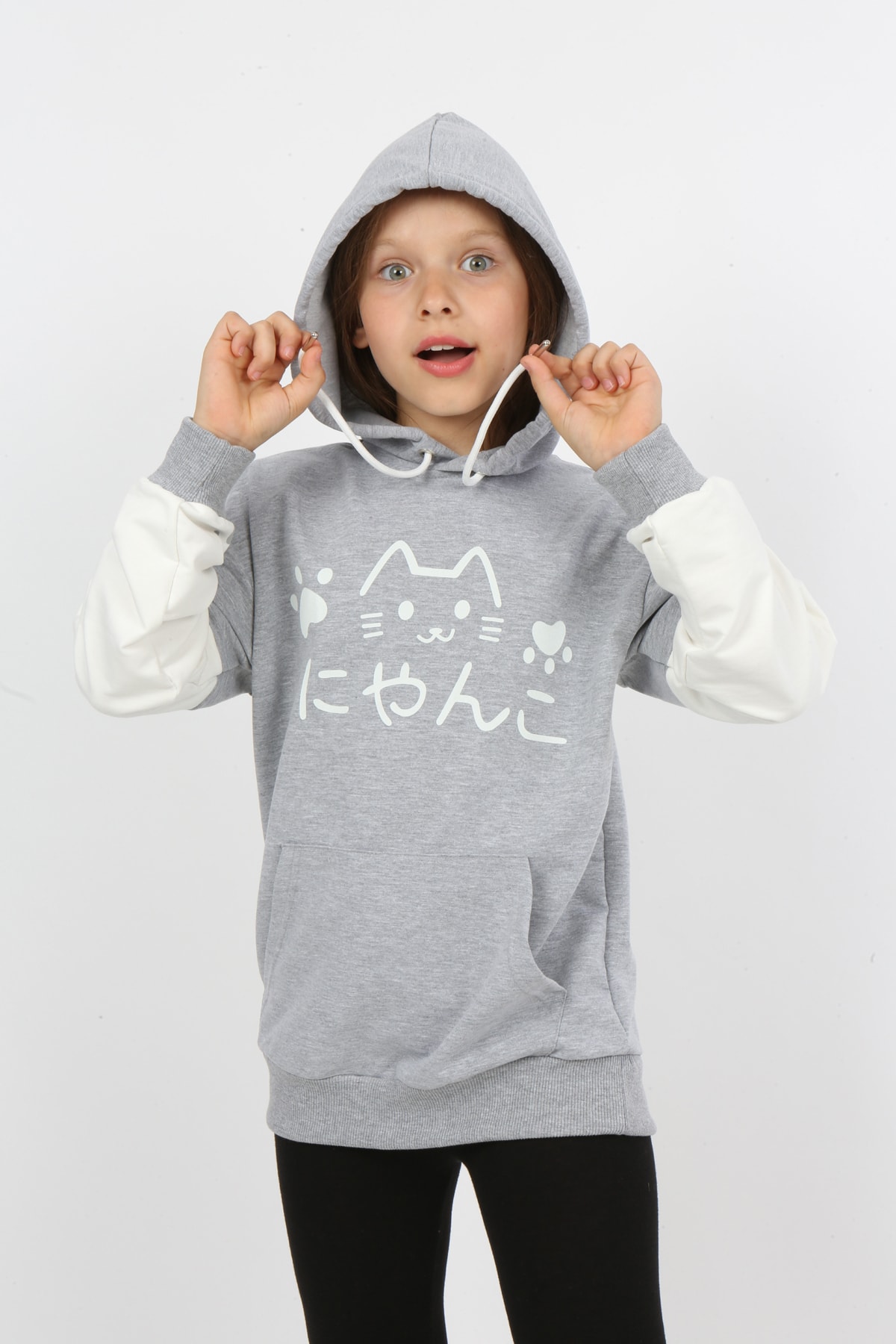 Kız Çocuk Baskılı Kapüşonlu Cepli Sweatshirt