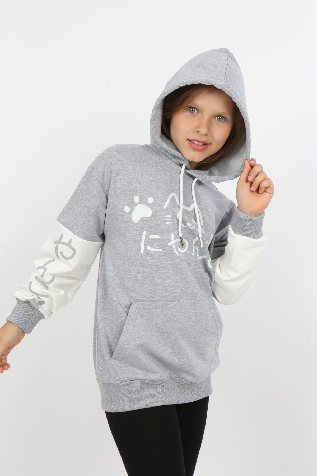 Kız Çocuk Baskılı Kapüşonlu Cepli Sweatshirt