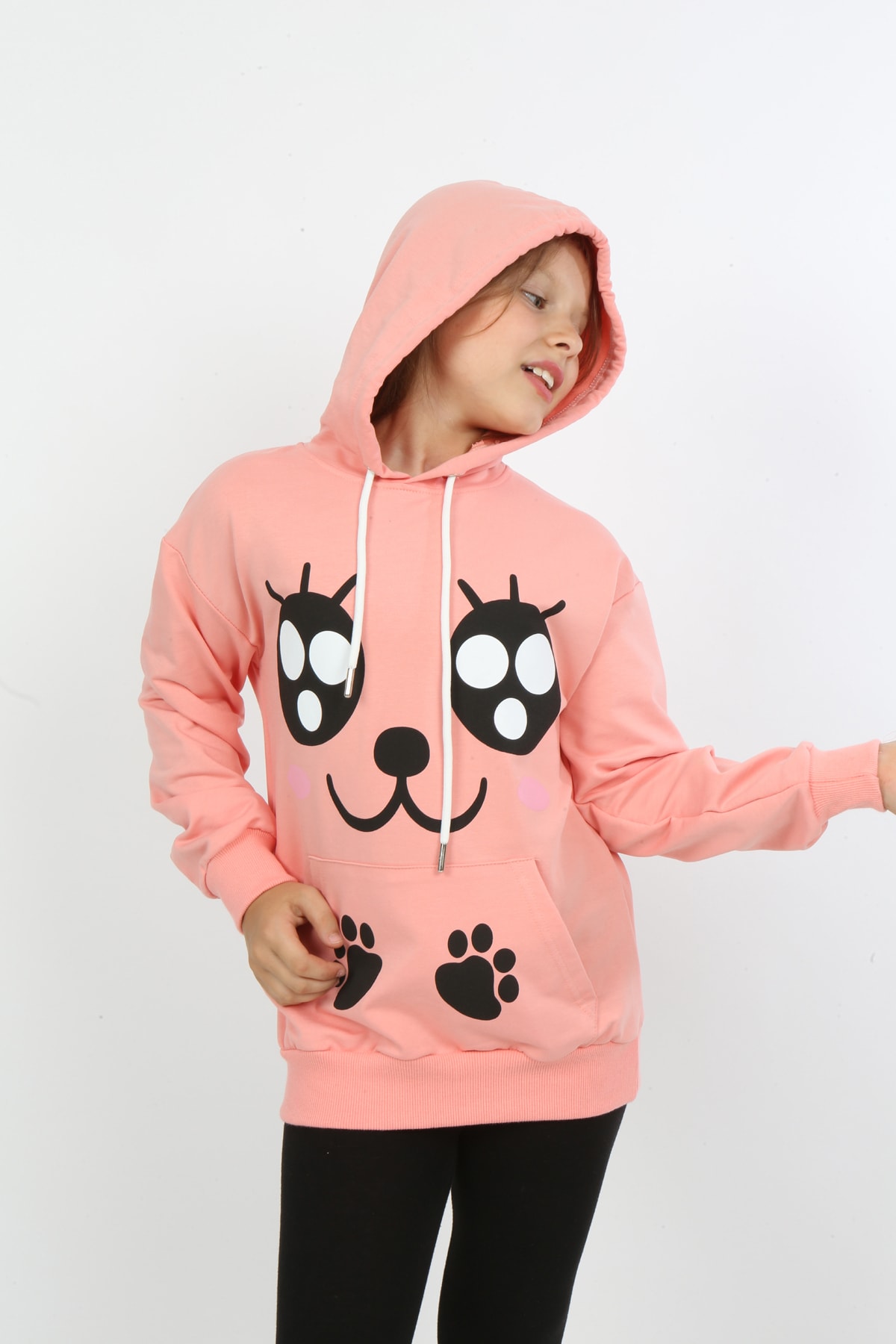 Kız Çocuk Baskılı Kapüşonlu Cepli Sweatshirt