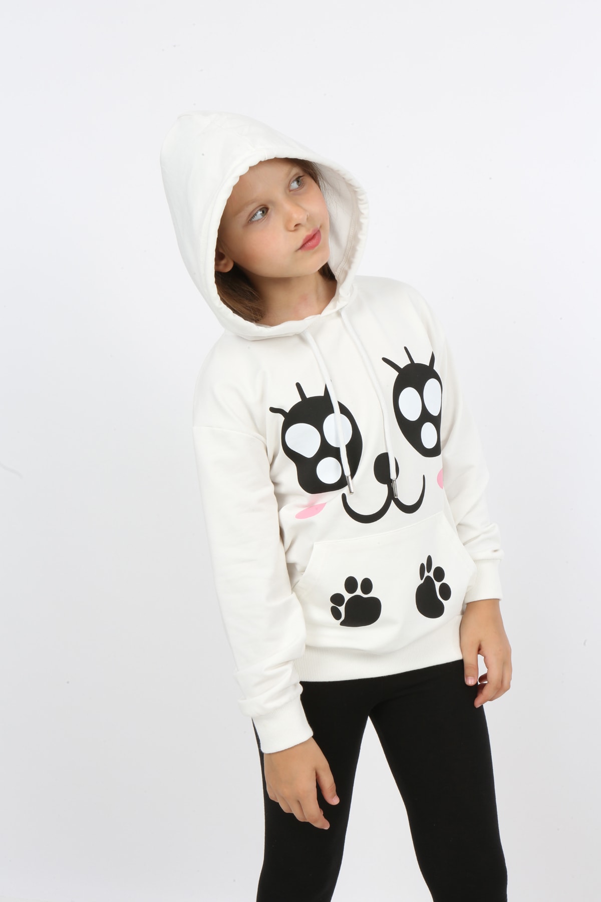 Kız Çocuk Baskılı Kapüşonlu Cepli Sweatshirt