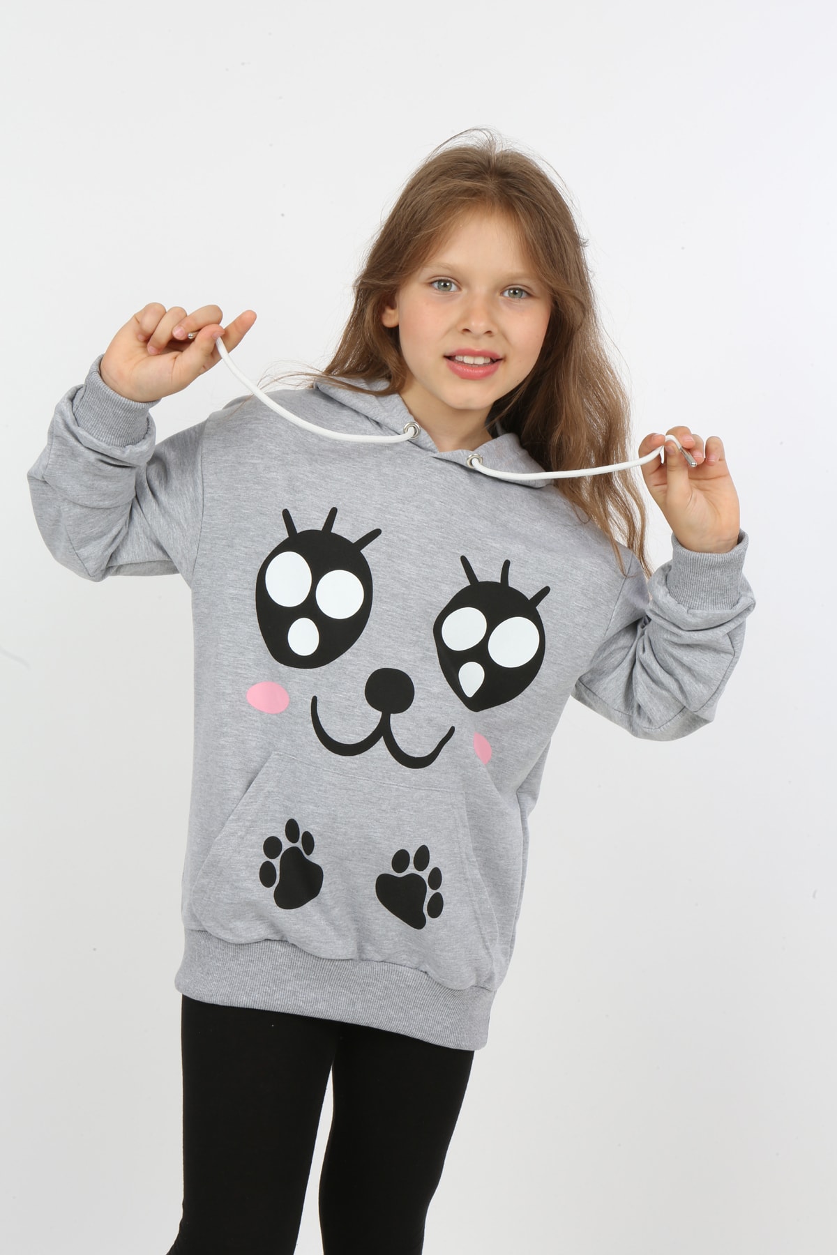 Kız Çocuk Baskılı Kapüşonlu Cepli Sweatshirt