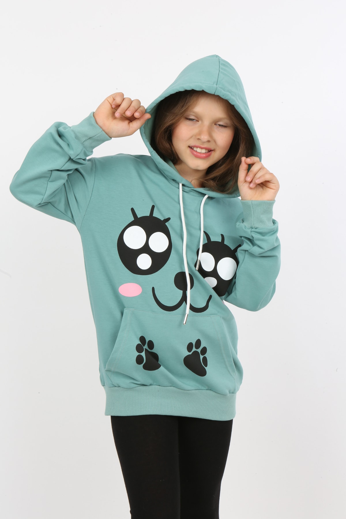 Kız Çocuk Baskılı Kapüşonlu Cepli Sweatshirt