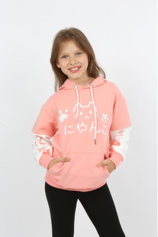 Kız Çocuk Baskılı Kapüşonlu Cepli Sweatshirt