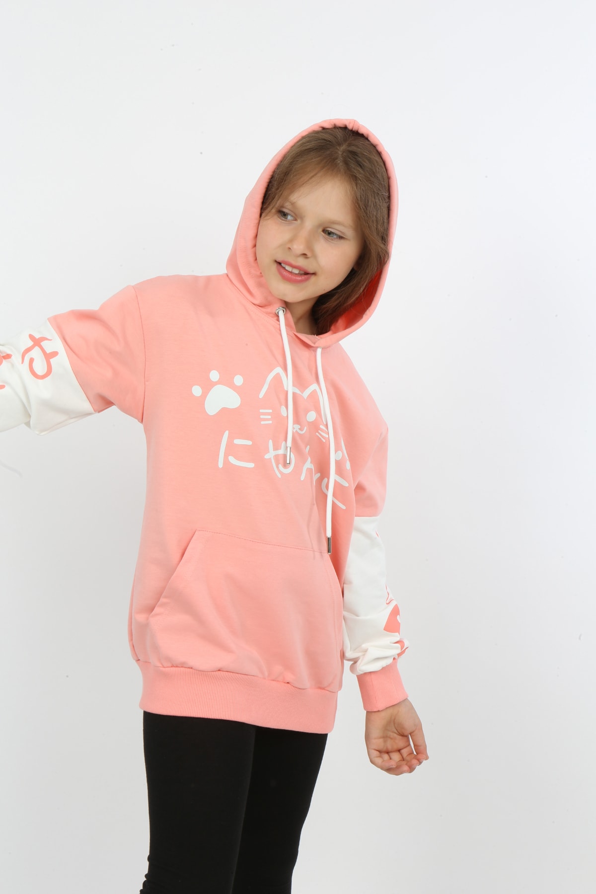 Kız Çocuk Baskılı Kapüşonlu Cepli Sweatshirt