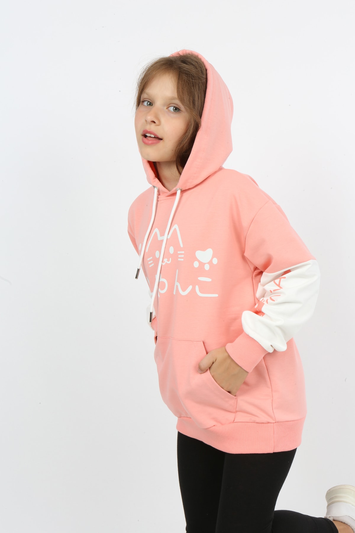 Kız Çocuk Baskılı Kapüşonlu Cepli Sweatshirt