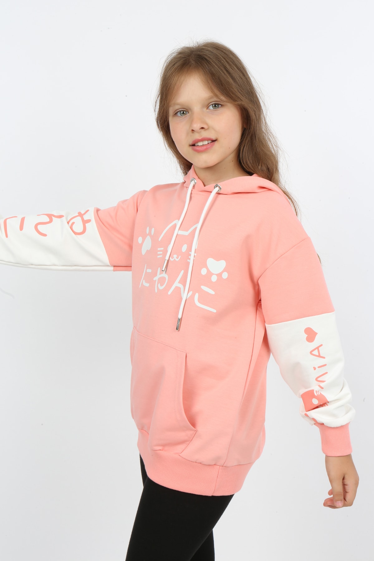 Kız Çocuk Baskılı Kapüşonlu Cepli Sweatshirt