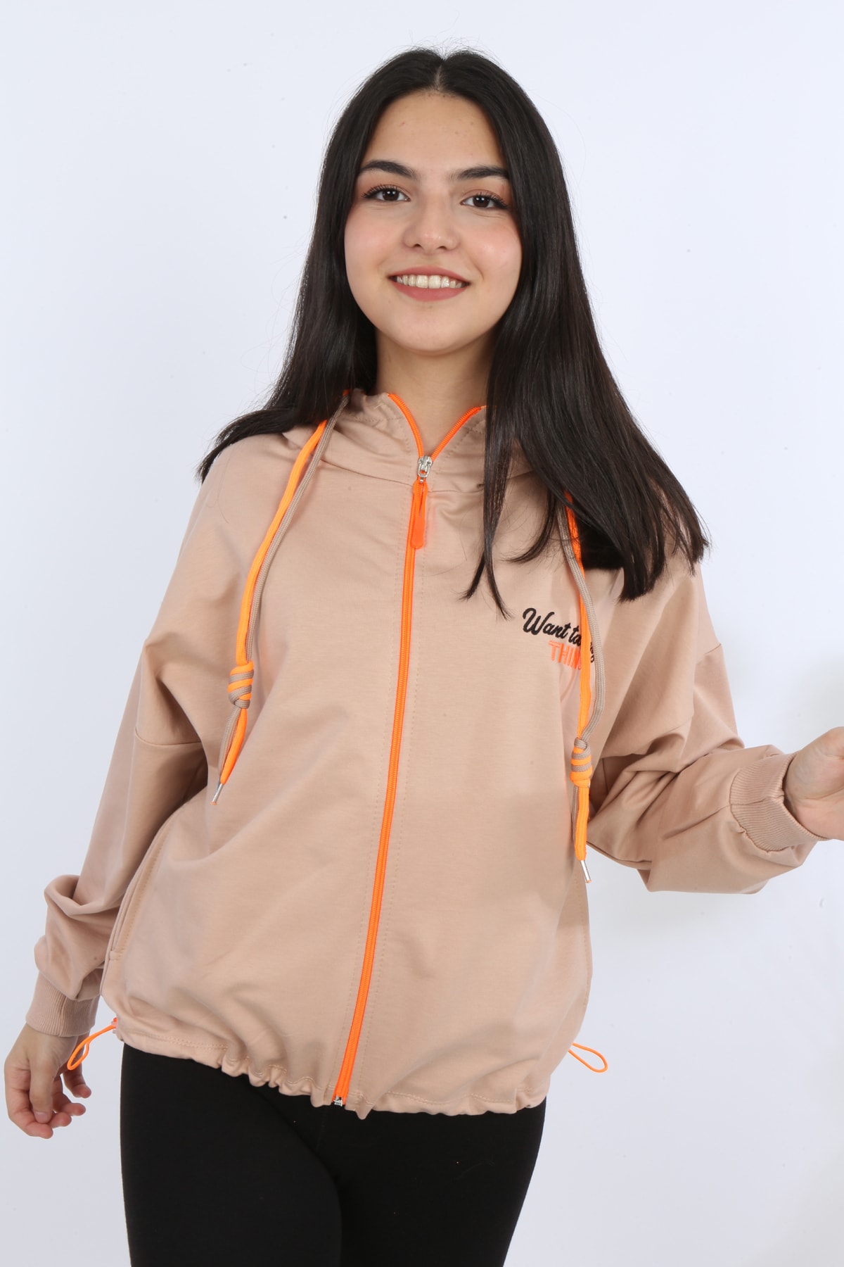 Kız Çocuk Ön Ve Arka Nakışlı Fermuarlı Cepli Sweatshirt
