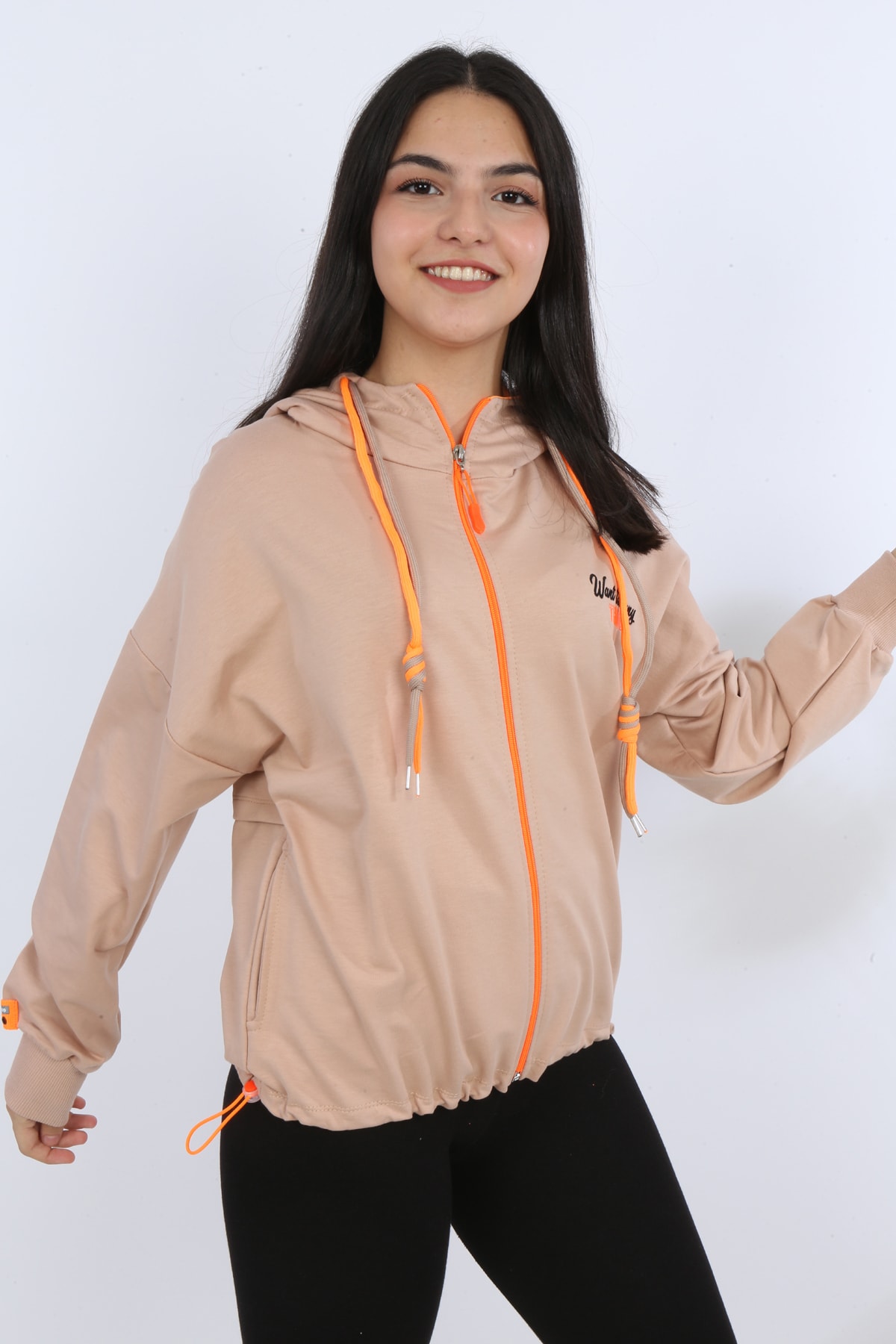 Kız Çocuk Ön Ve Arka Nakışlı Fermuarlı Cepli Sweatshirt