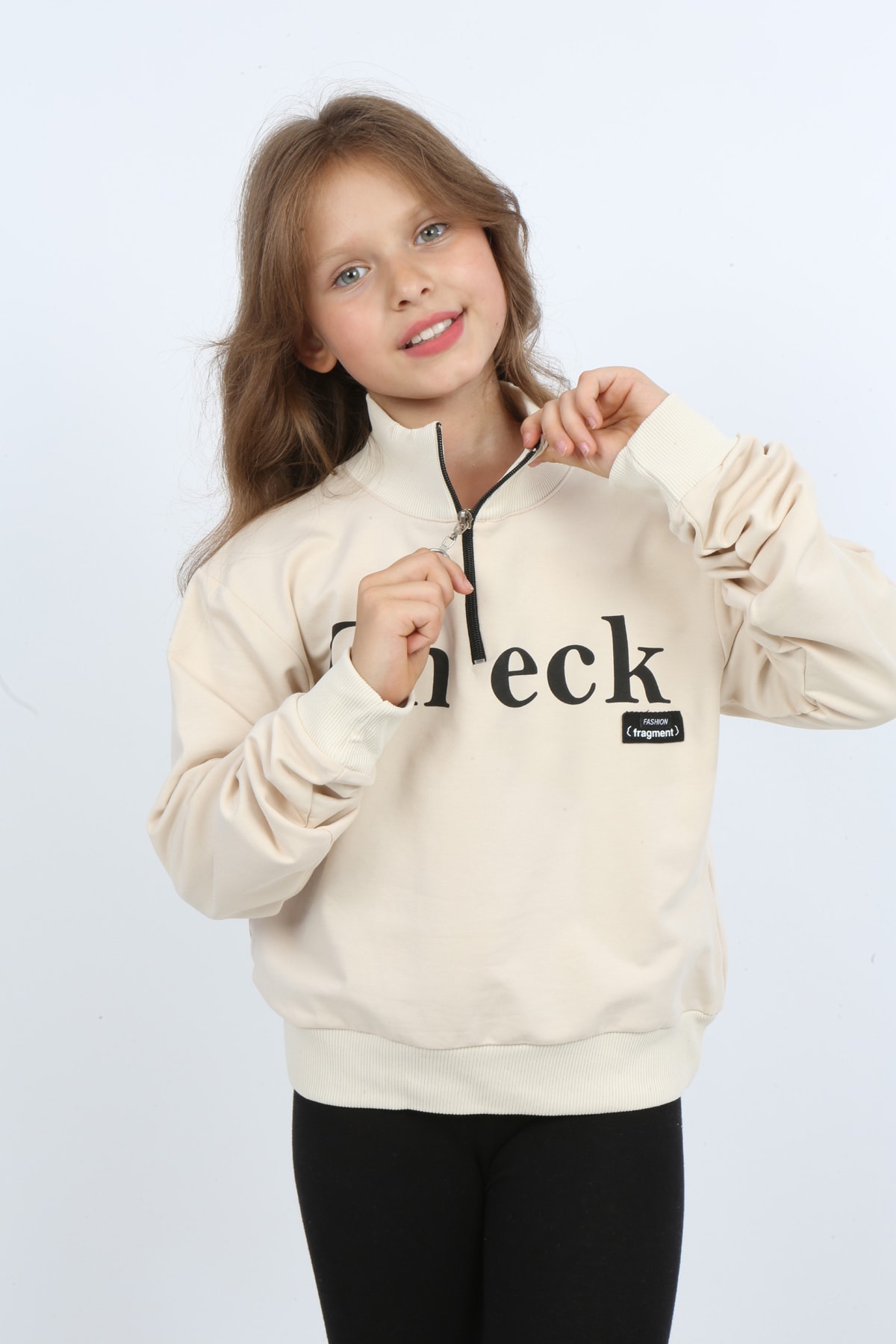 Kız Çocuk Ön Den Yarım Fermuarlı Baskılı Sweatshirt
