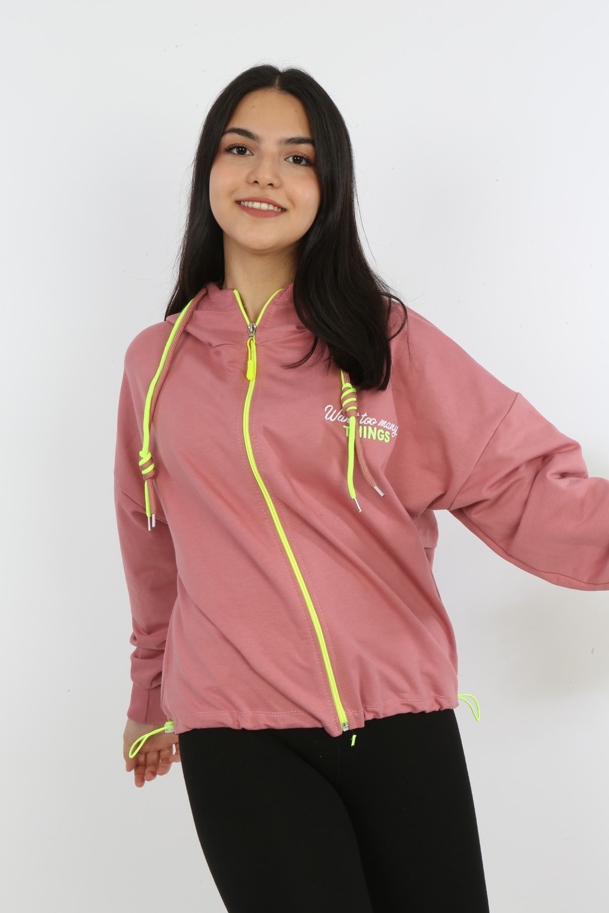 Kız Çocuk Ön Ve Arka Nakışlı Fermuarlı Cepli Sweatshirt