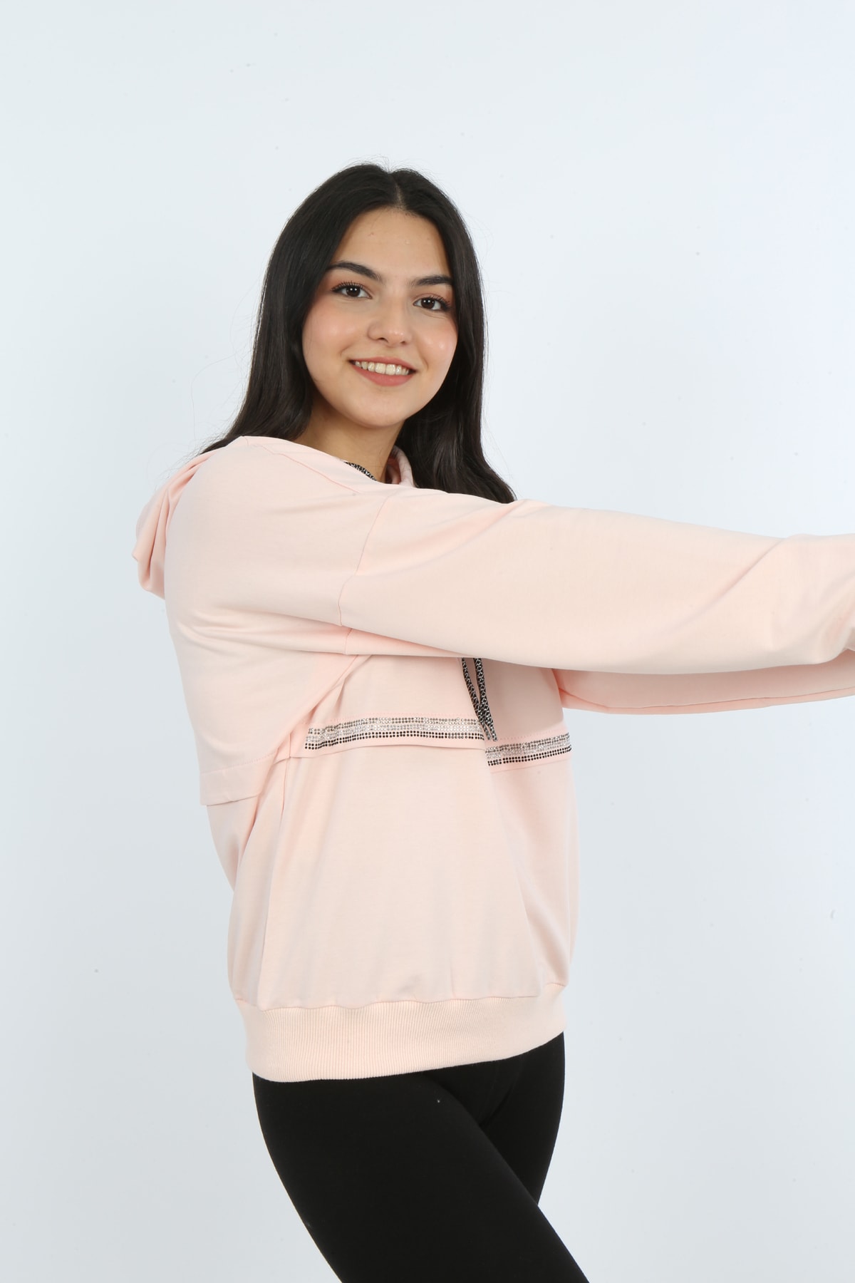 Kız Çocuk Önü Taş Detaylı Baskılı Sweatshirt