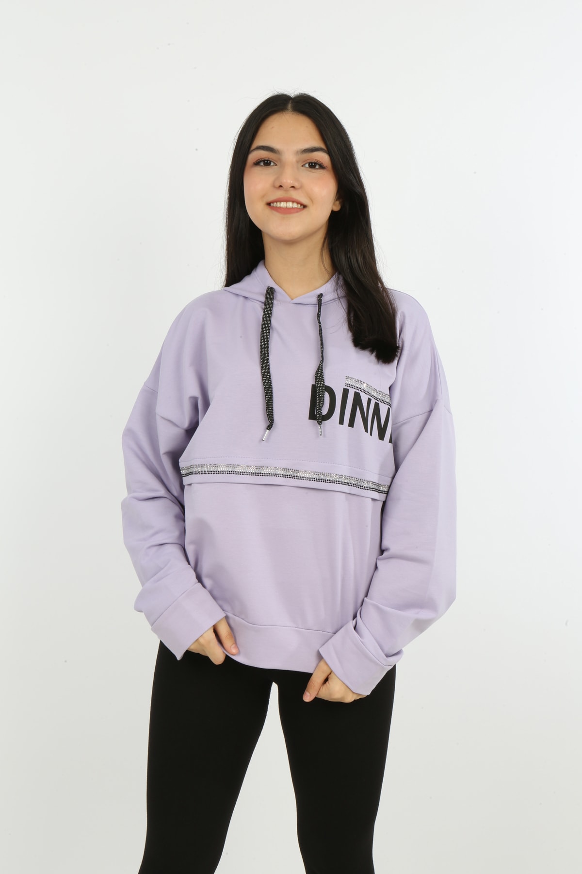 Kız Çocuk Önü Taş Detaylı Baskılı Sweatshirt