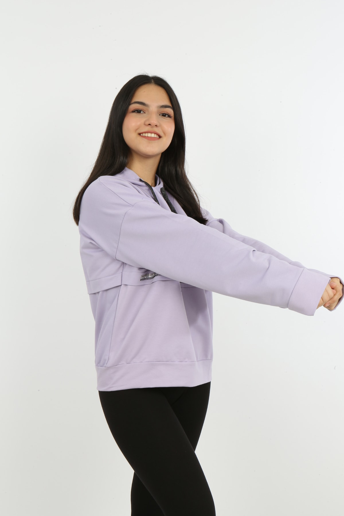 Kız Çocuk Önü Taş Detaylı Baskılı Sweatshirt