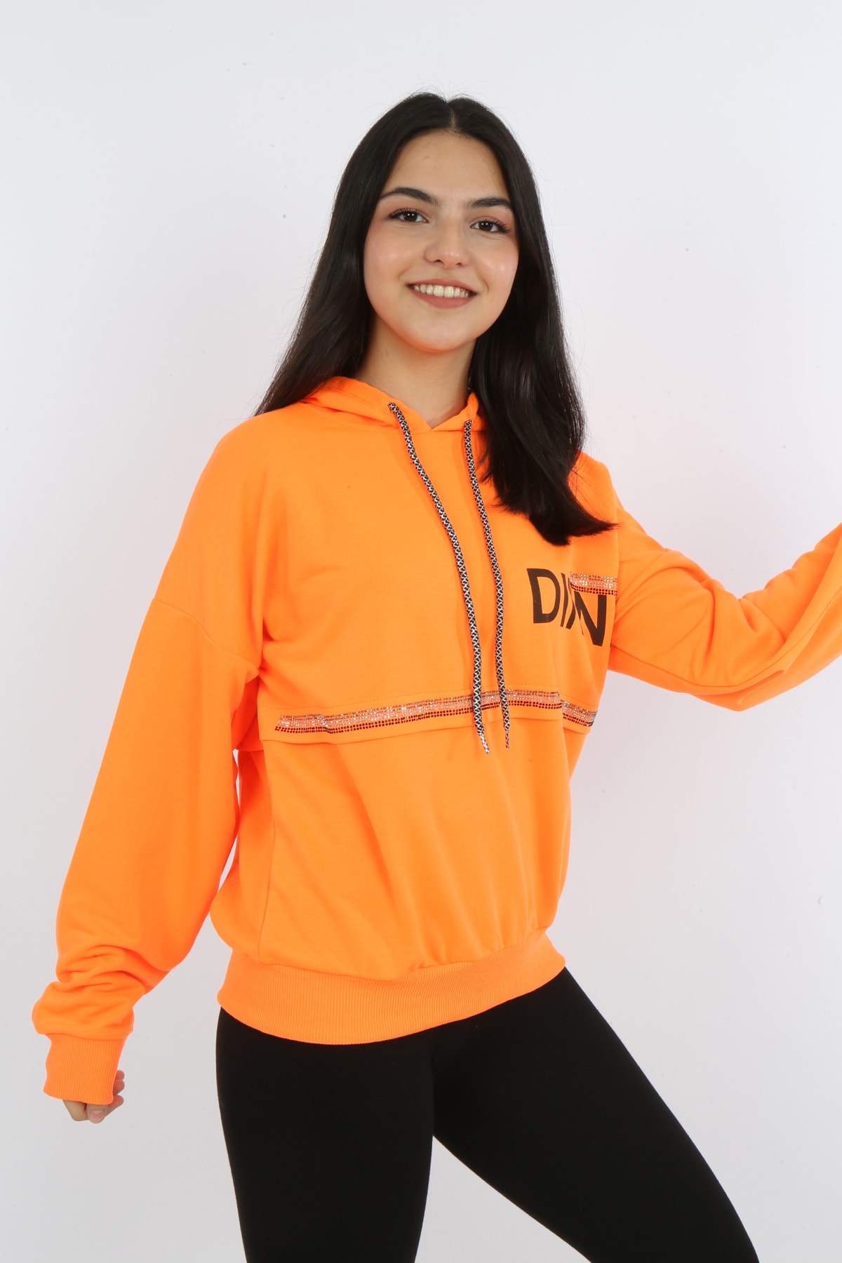 Kız Çocuk Önü Taş Detaylı Baskılı Sweatshirt