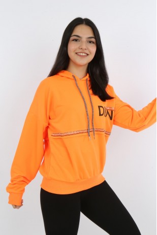 Kız Çocuk Önü Taş Detaylı Baskılı Sweatshirt