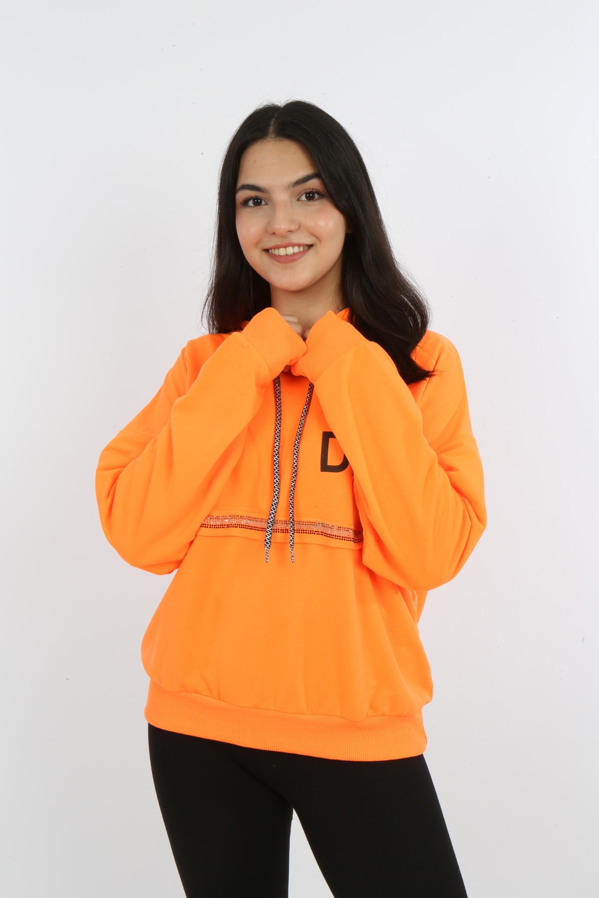 Kız Çocuk Önü Taş Detaylı Baskılı Sweatshirt