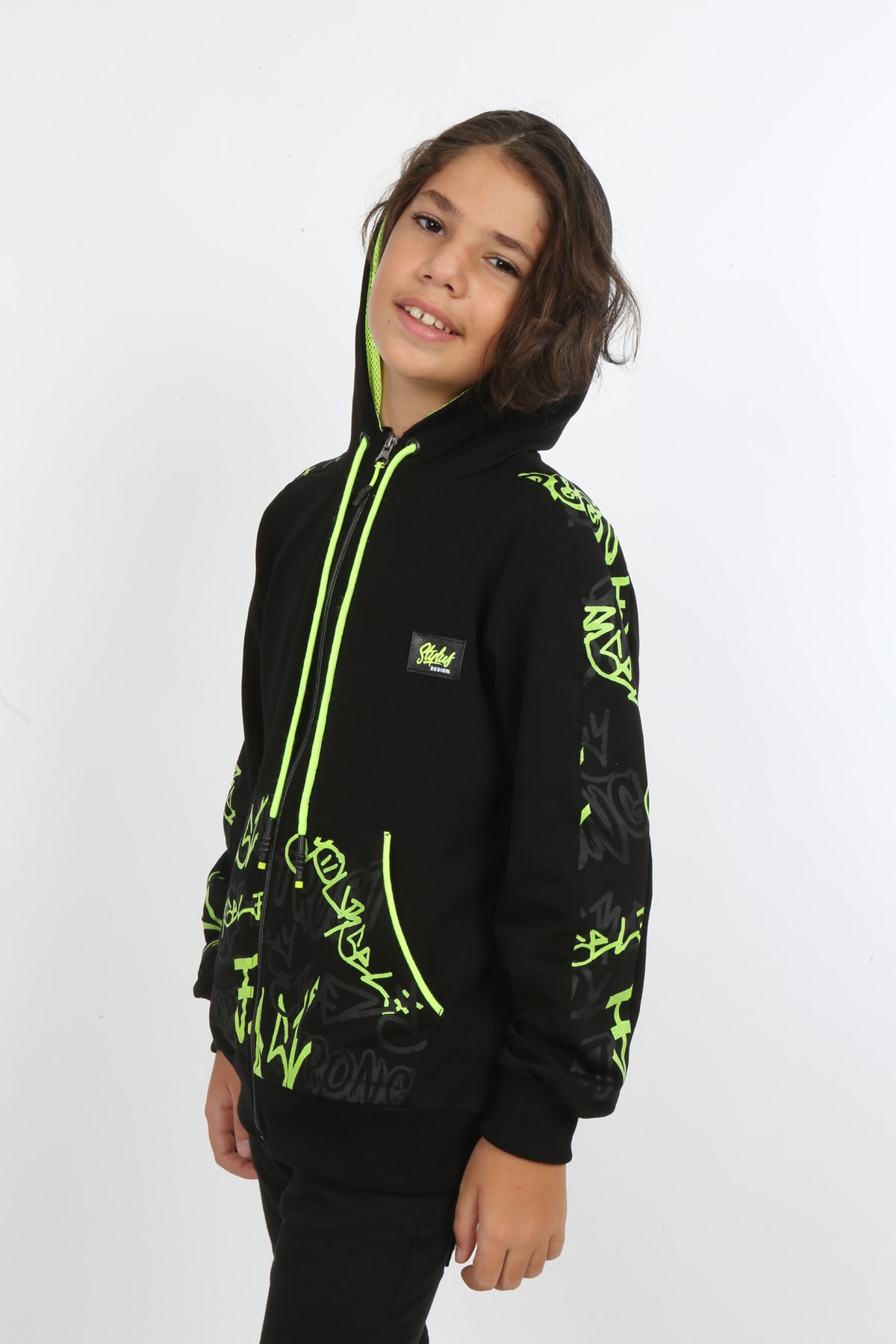 Erkek Çocuk Ön Ve Arka Baskılı Kapüşonlu Cepli Fermuarlı Sweatshirt