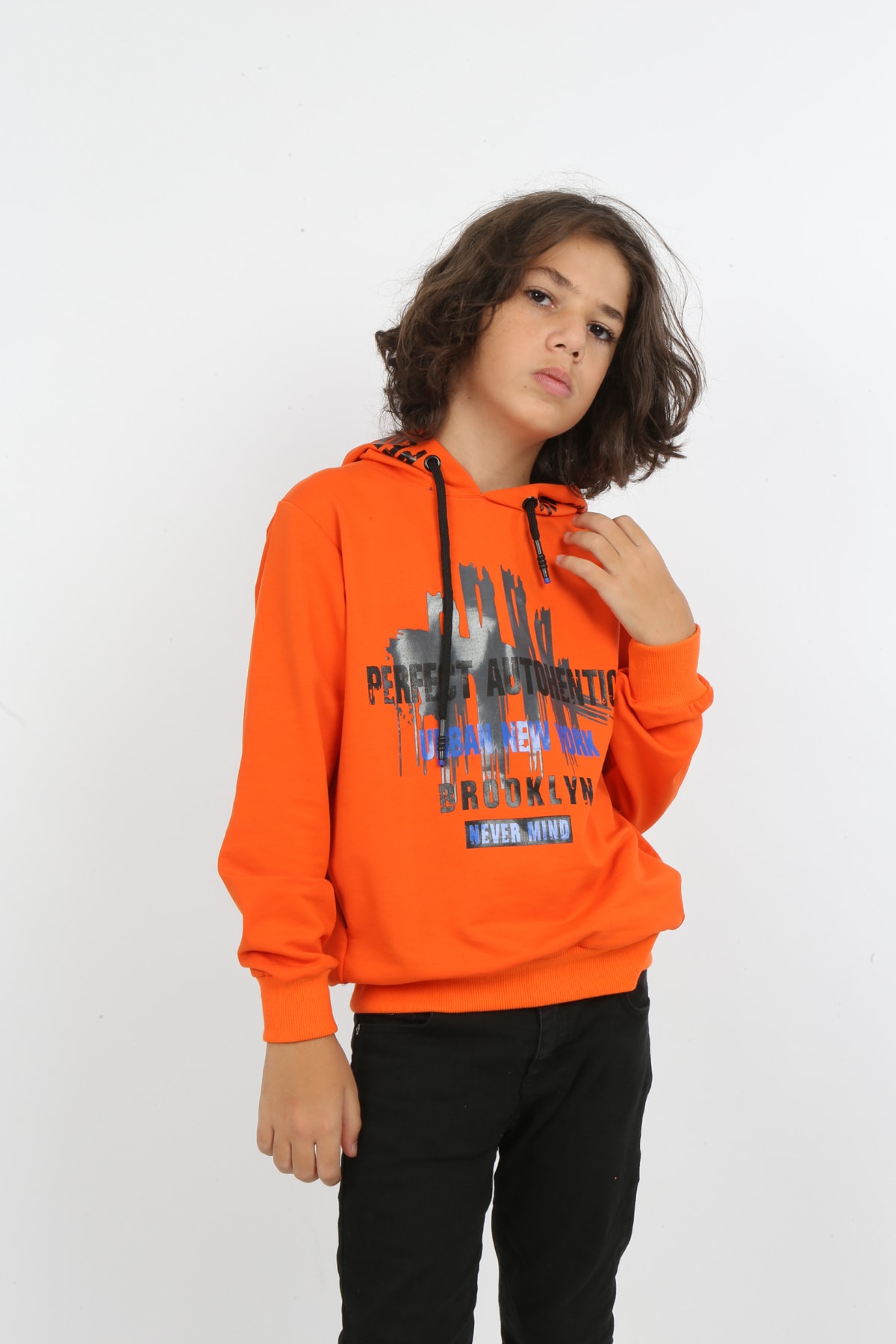 Erkek Çocuk Baskılı Kapüşonlu Cepli Sweatshirt