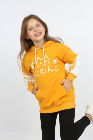 Kız Çocuk Baskılı Kapüşonlu Cepli Sweatshirt