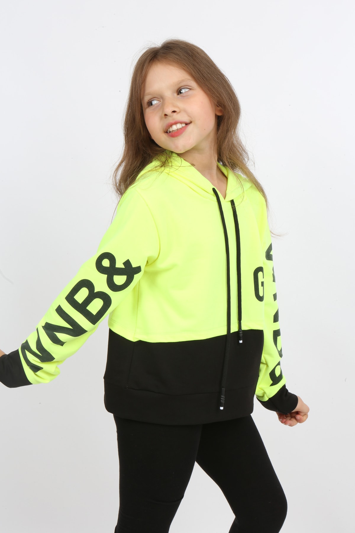 Kız Çocuk Göbek Üstü Çif Renkli Kapüşonlu Baskılı Sweatshirt