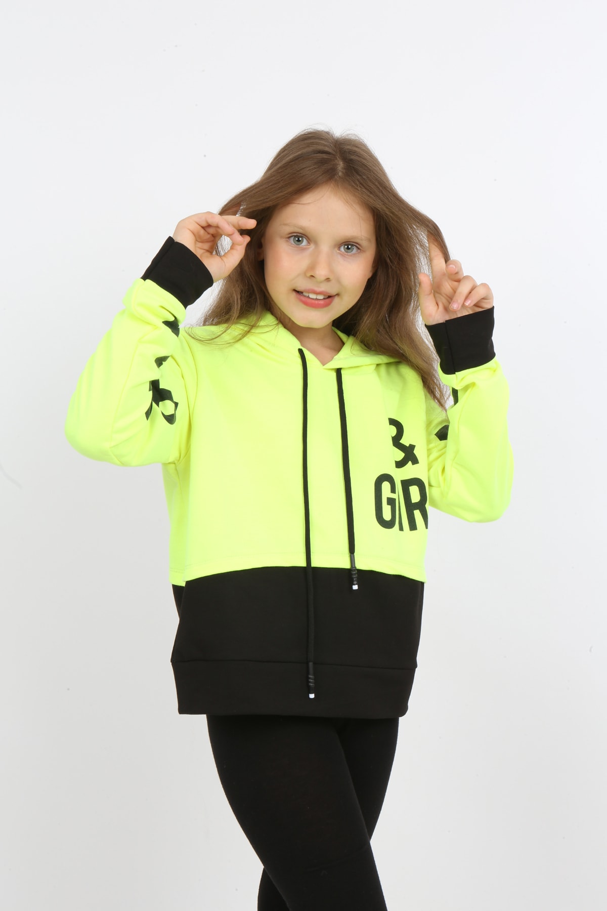 Kız Çocuk Göbek Üstü Çif Renkli Kapüşonlu Baskılı Sweatshirt