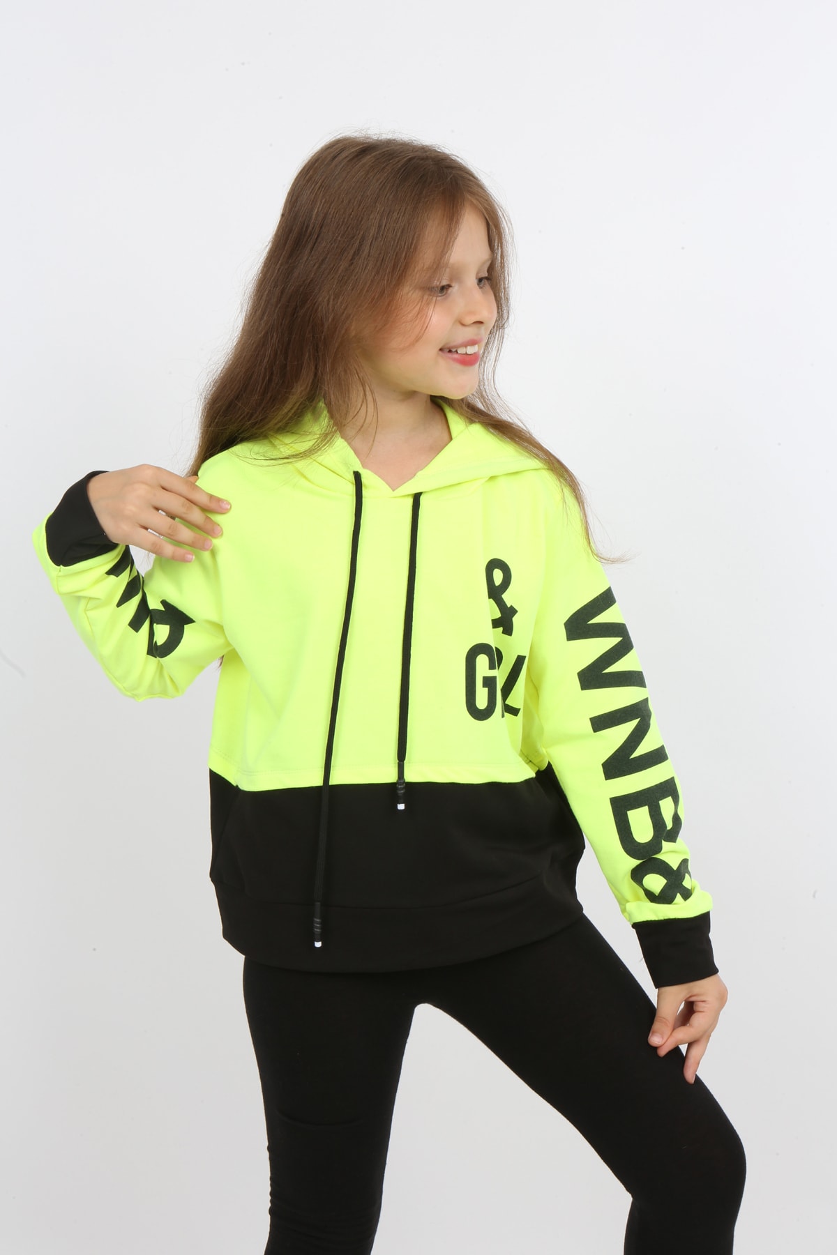 Kız Çocuk Göbek Üstü Çif Renkli Kapüşonlu Baskılı Sweatshirt