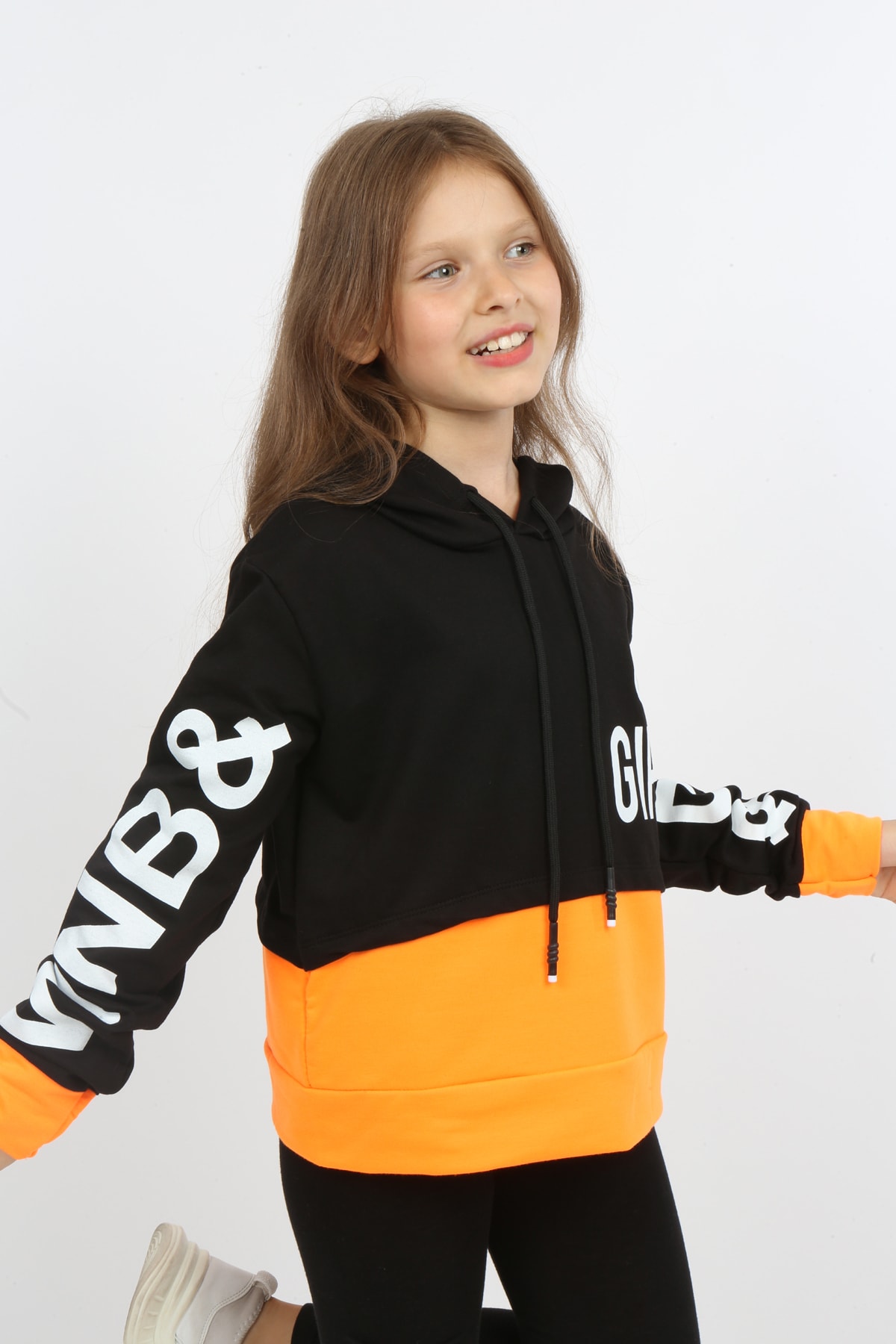 Kız Çocuk Göbek Üstü Çif Renkli Kapüşonlu Baskılı Sweatshirt
