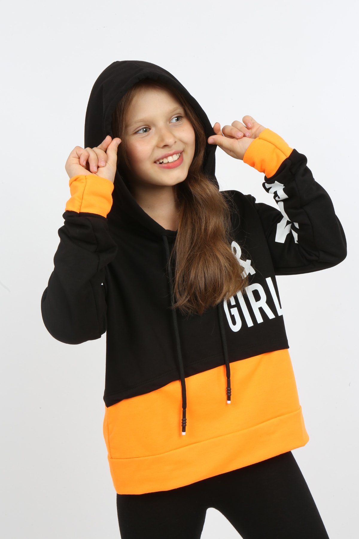 Kız Çocuk Göbek Üstü Çif Renkli Kapüşonlu Baskılı Sweatshirt