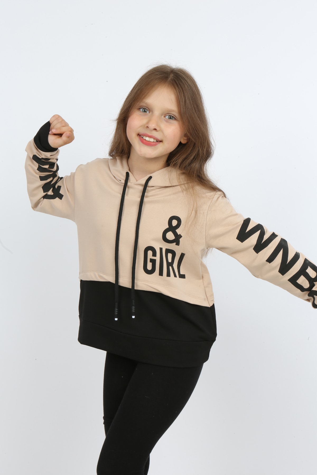 Kız Çocuk Göbek Üstü Çif Renkli Kapüşonlu Baskılı Sweatshirt
