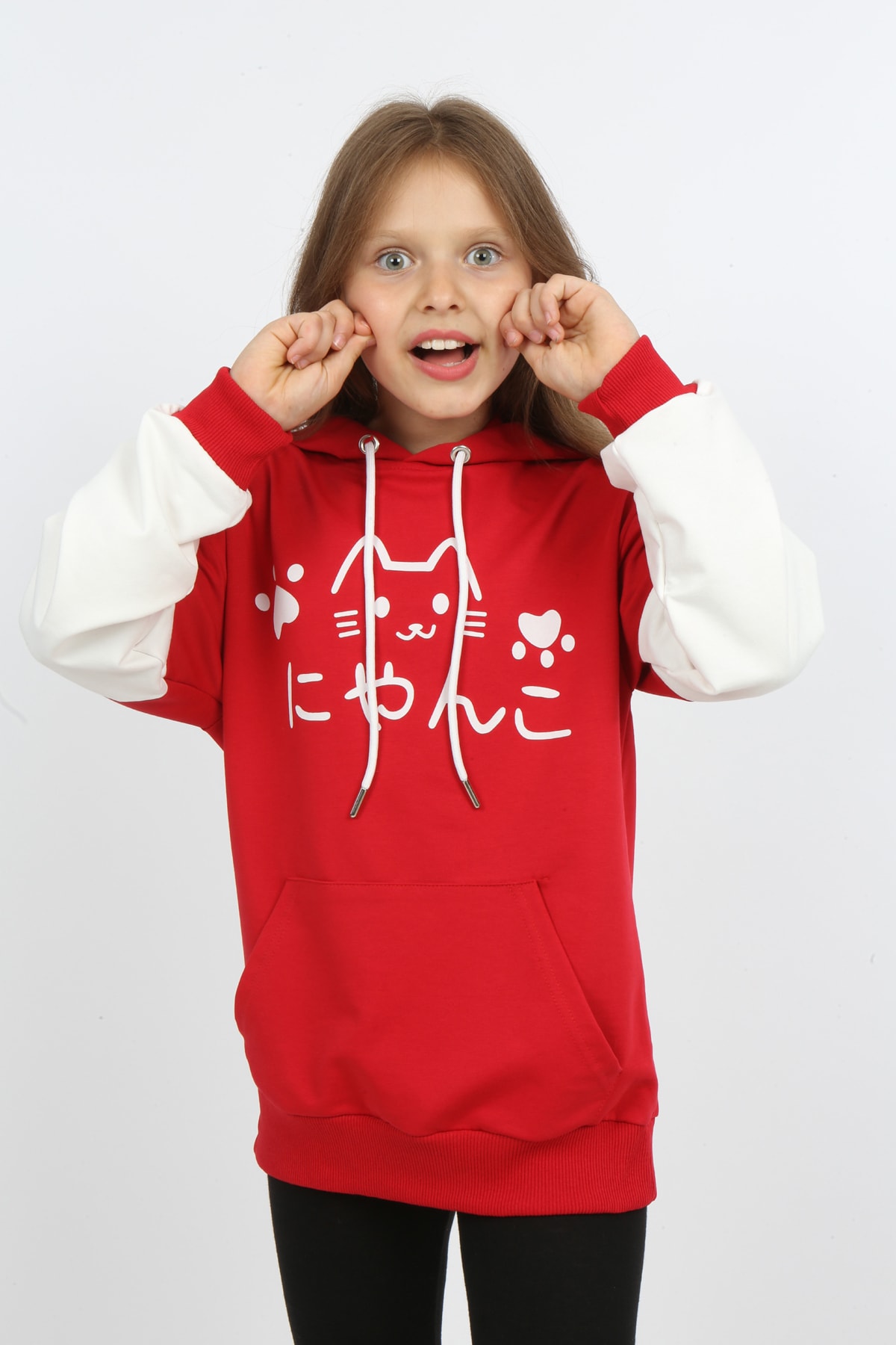 Kız Çocuk Baskılı Kapüşonlu Cepli Sweatshirt