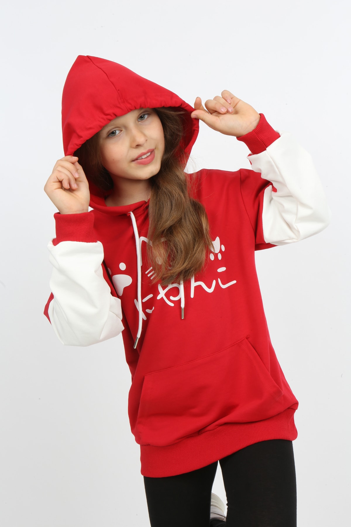 Kız Çocuk Baskılı Kapüşonlu Cepli Sweatshirt