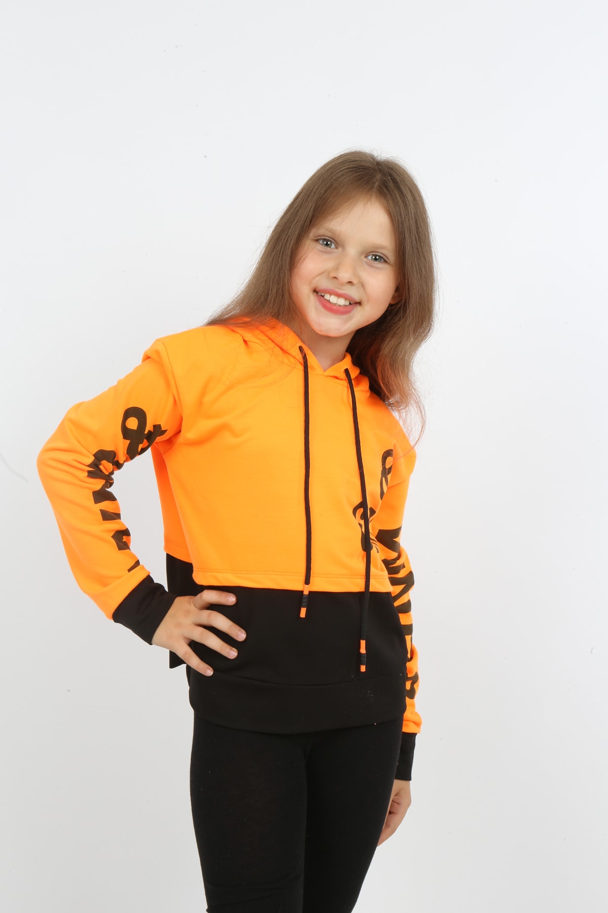 Kız Çocuk Göbek Üstü Çif Renkli Kapüşonlu Baskılı Sweatshirt