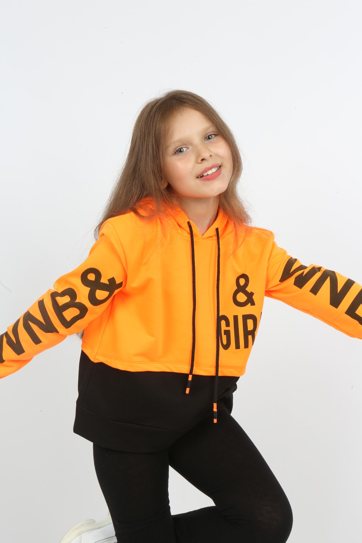 Kız Çocuk Göbek Üstü Çif Renkli Kapüşonlu Baskılı Sweatshirt
