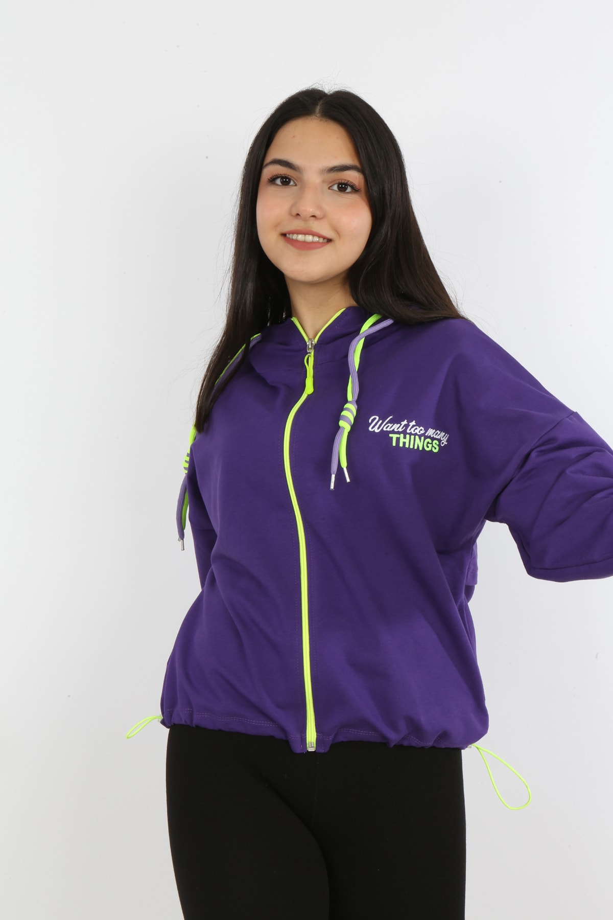 Kız Çocuk Ön ve Arka Nakışlı Fermuarlı Cepli Sweatshirt