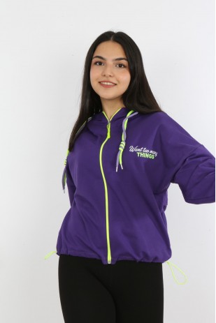 Kız Çocuk Ön ve Arka Nakışlı Fermuarlı Cepli Sweatshirt