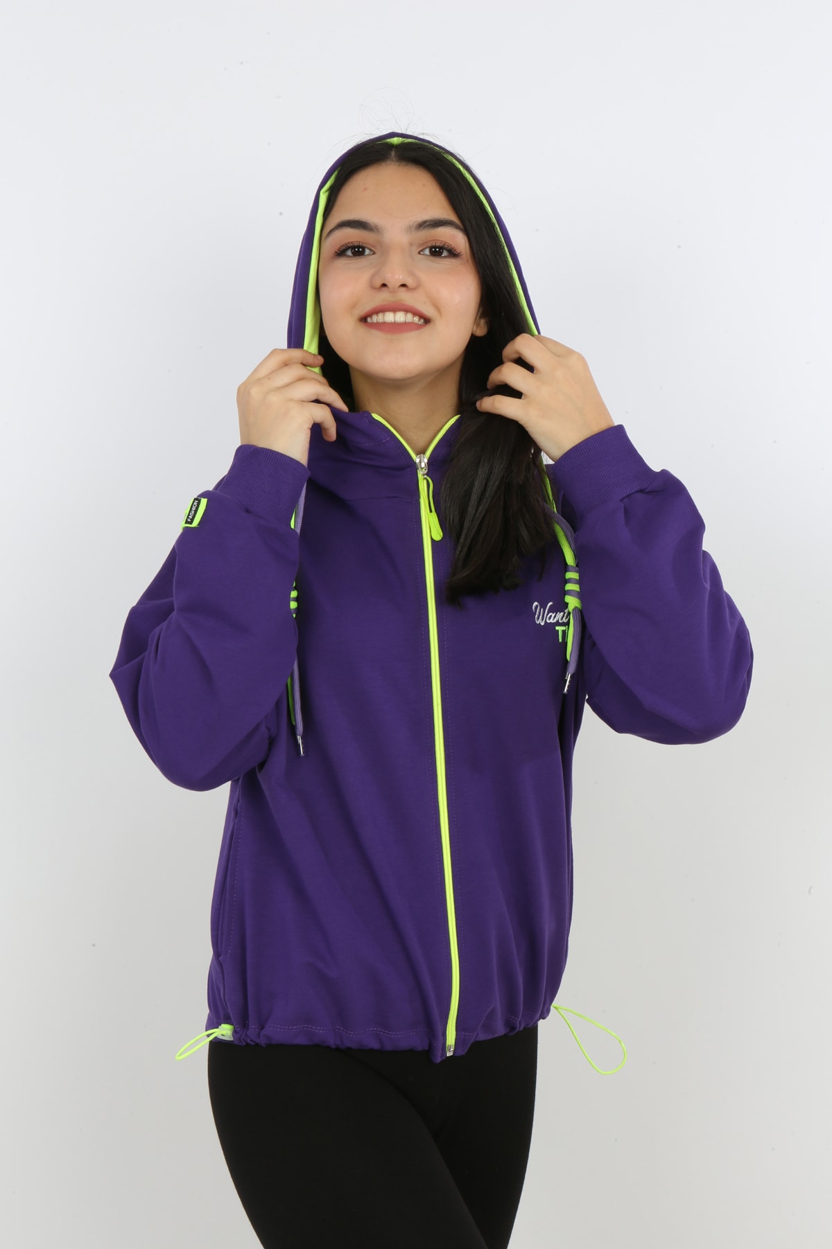 Kız Çocuk Ön ve Arka Nakışlı Fermuarlı Cepli Sweatshirt