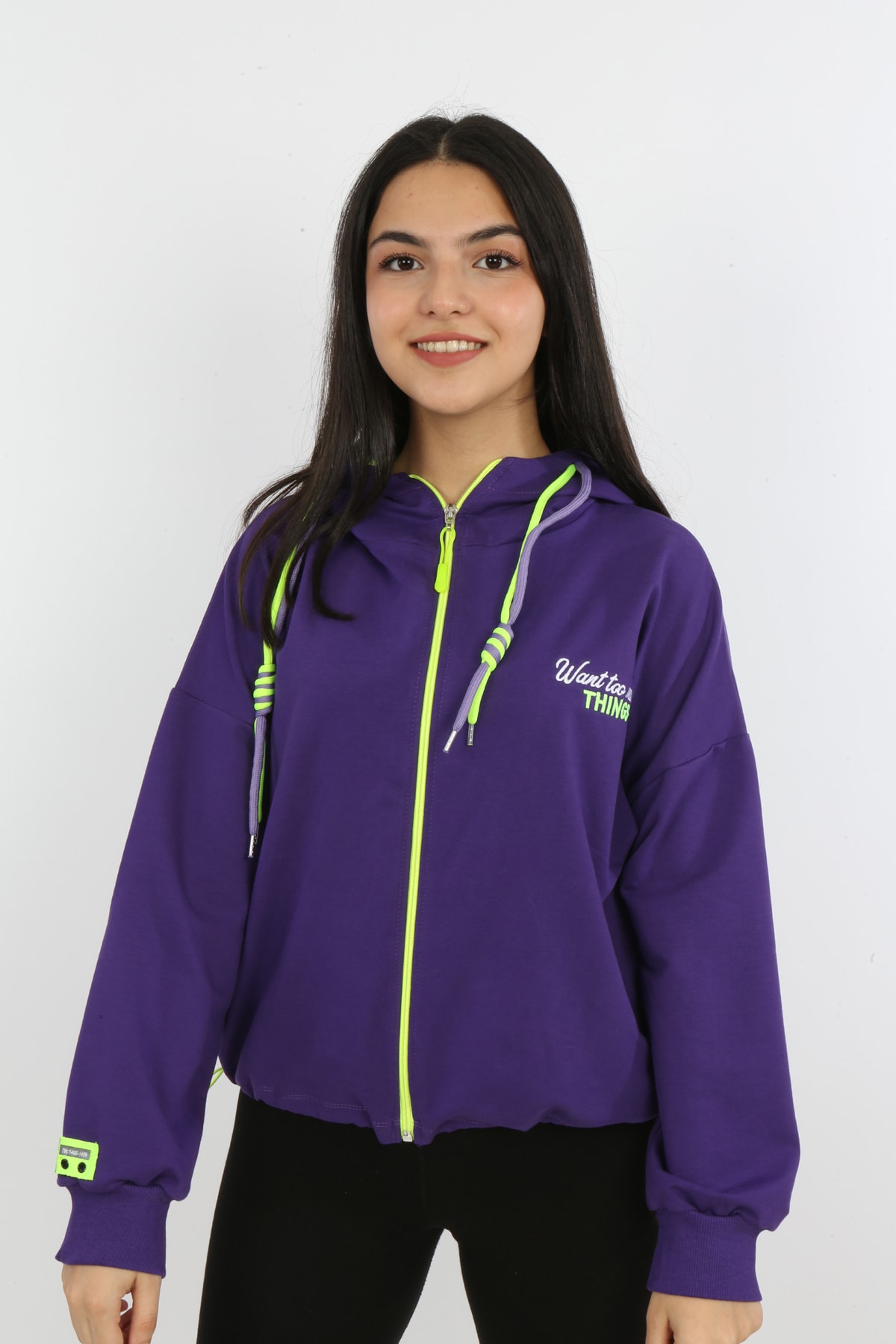 Kız Çocuk Ön ve Arka Nakışlı Fermuarlı Cepli Sweatshirt