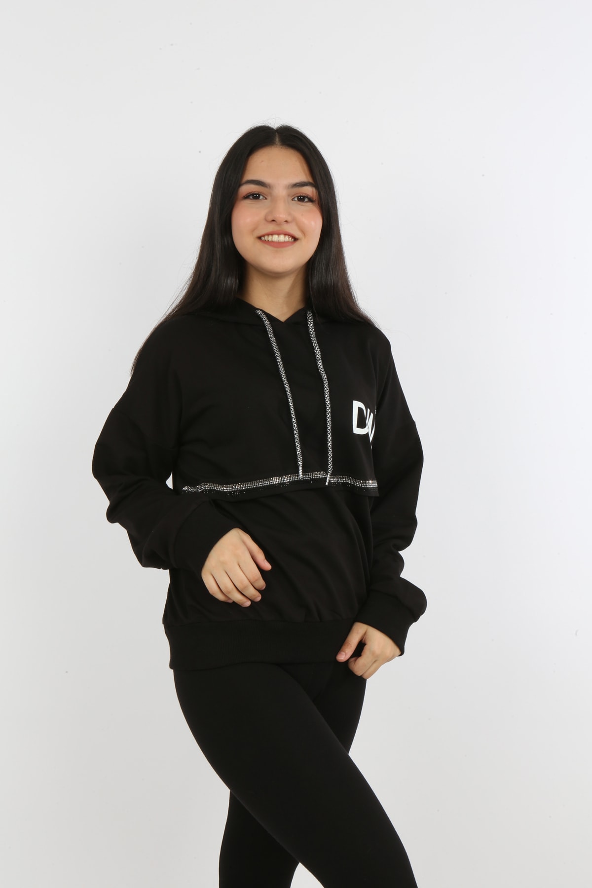 Kız Çocuk Önü Taş Detaylı Baskılı Sweatshirt