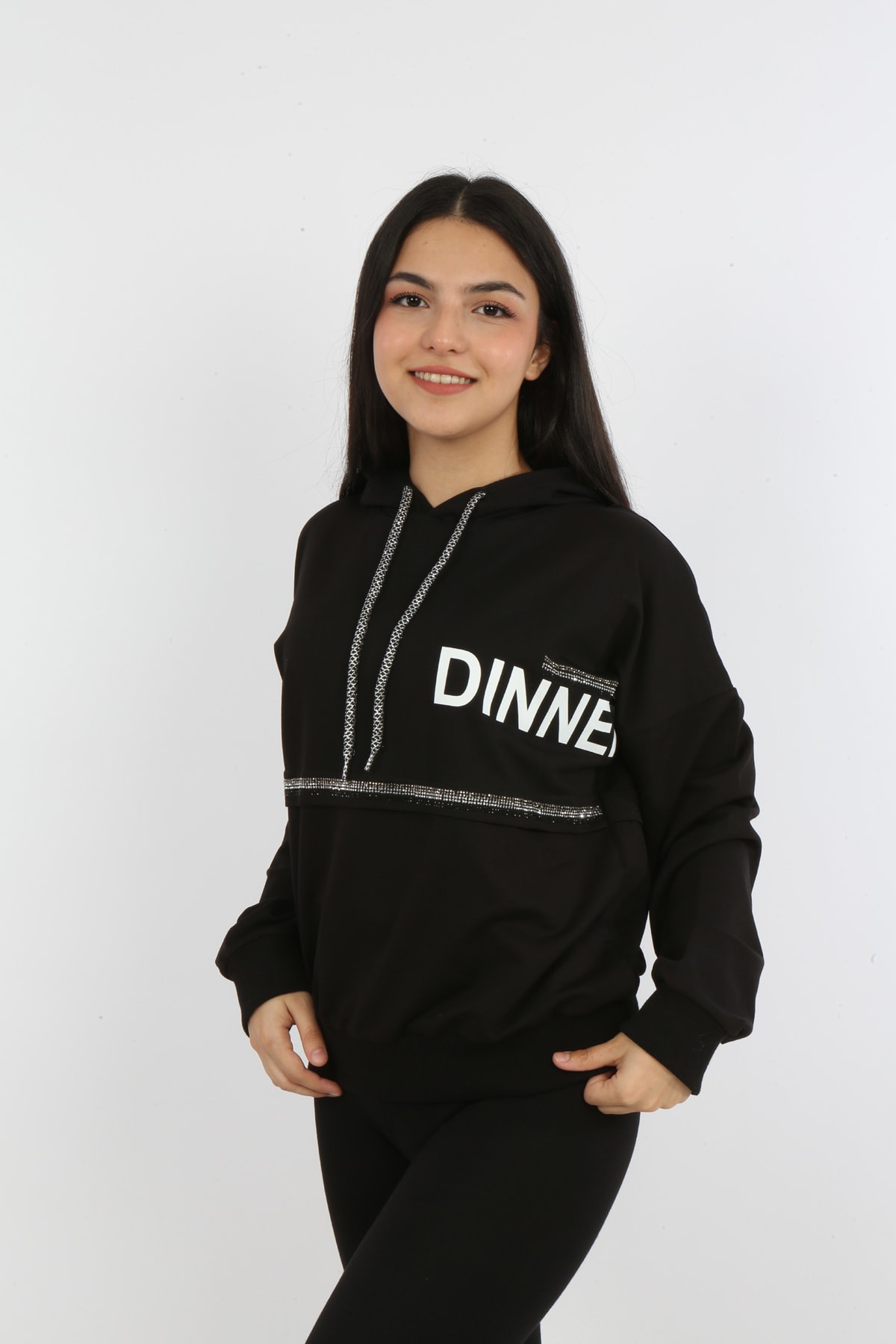 Kız Çocuk Önü Taş Detaylı Baskılı Sweatshirt