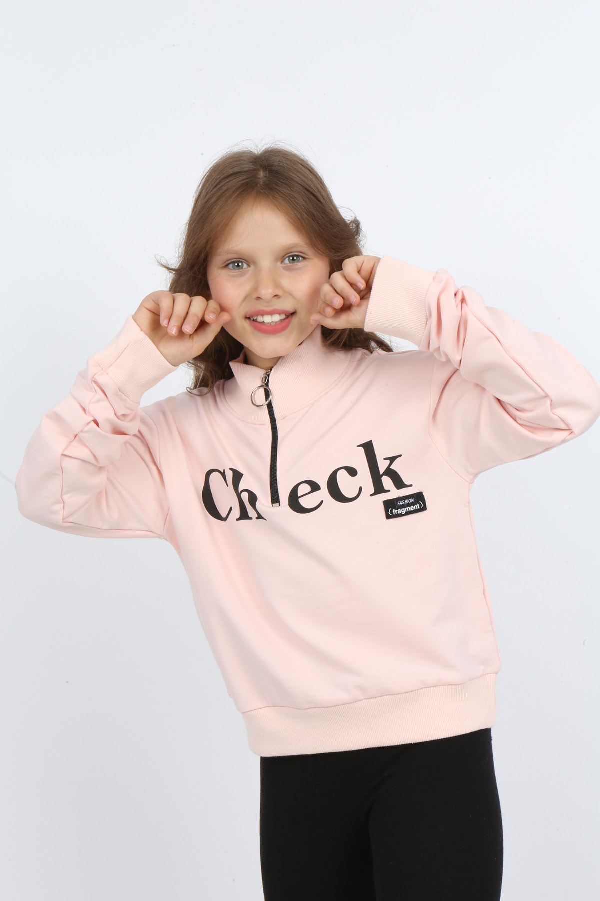 Kız Çocuk Ön Den Yarım Fermuarlı Baskılı Sweatshirt