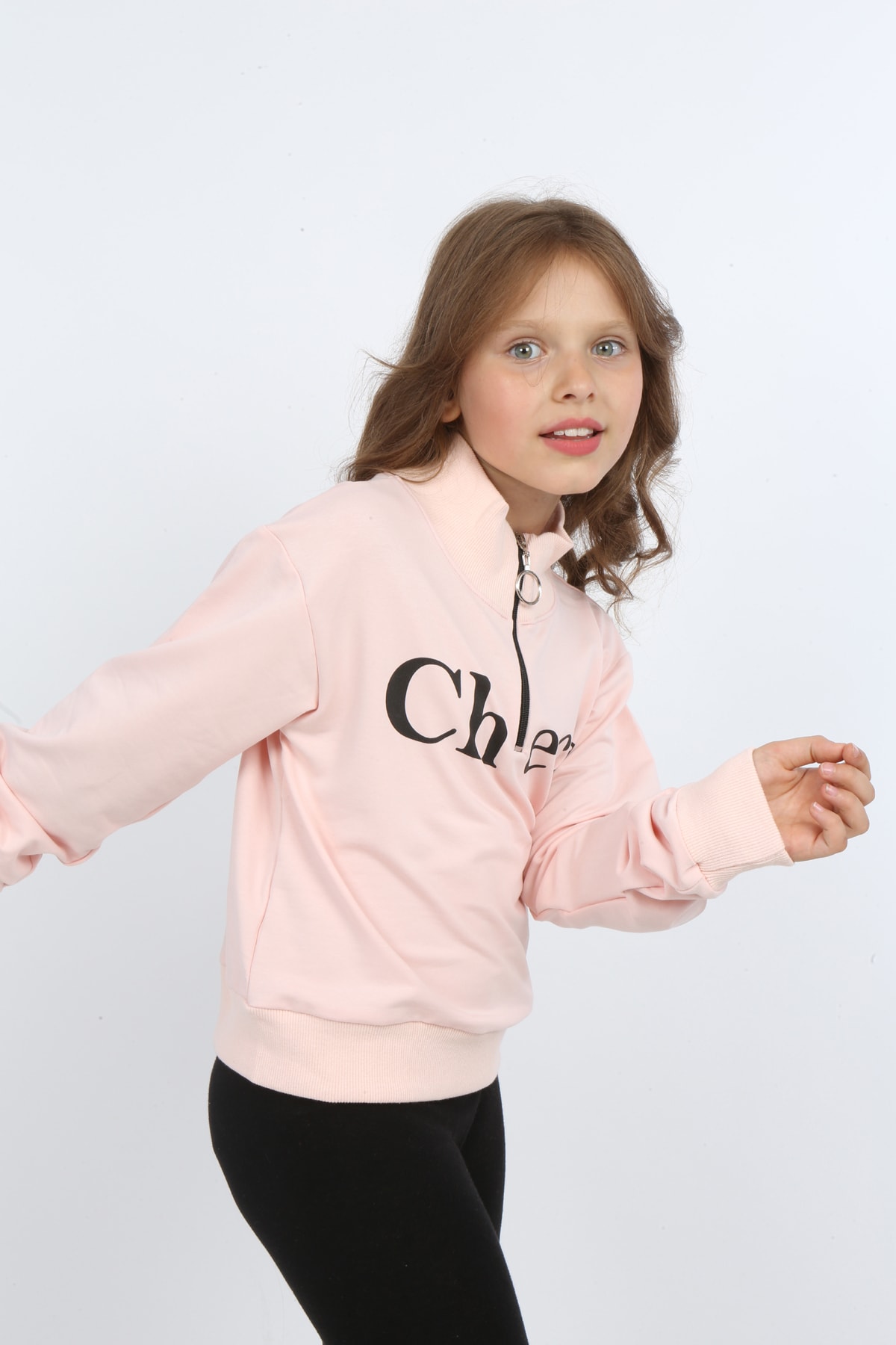 Kız Çocuk Ön Den Yarım Fermuarlı Baskılı Sweatshirt