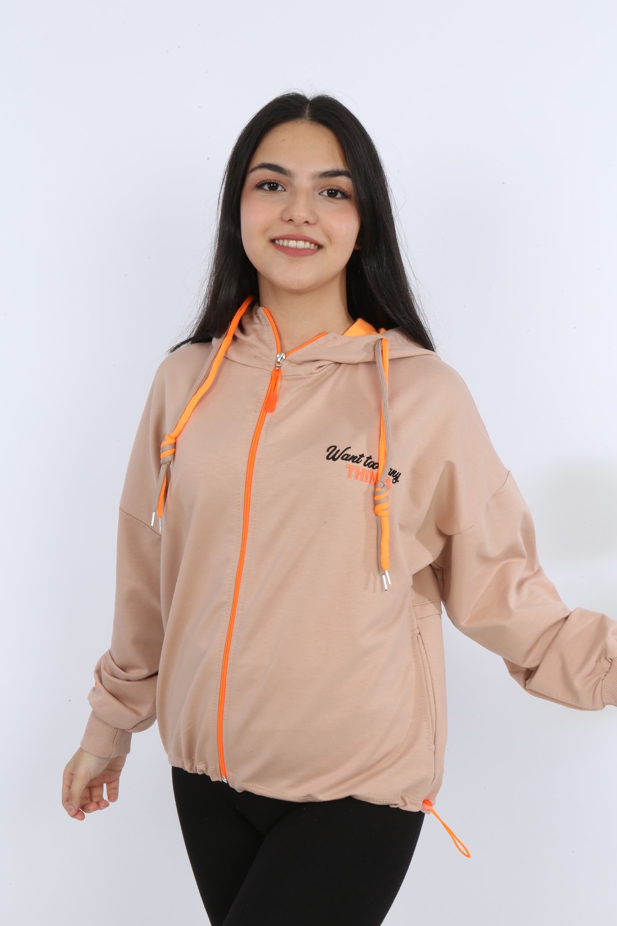 Kız Çocuk Ön Ve Arka Nakışlı Fermuarlı Cepli Sweatshirt