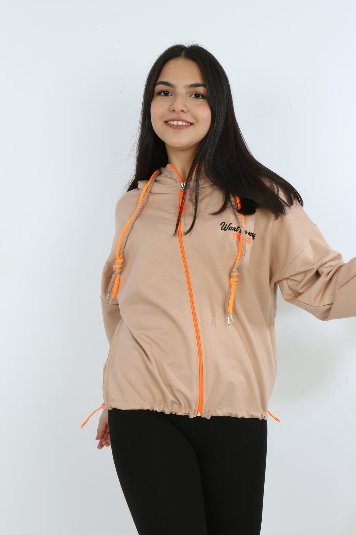 Kız Çocuk Ön Ve Arka Nakışlı Fermuarlı Cepli Sweatshirt