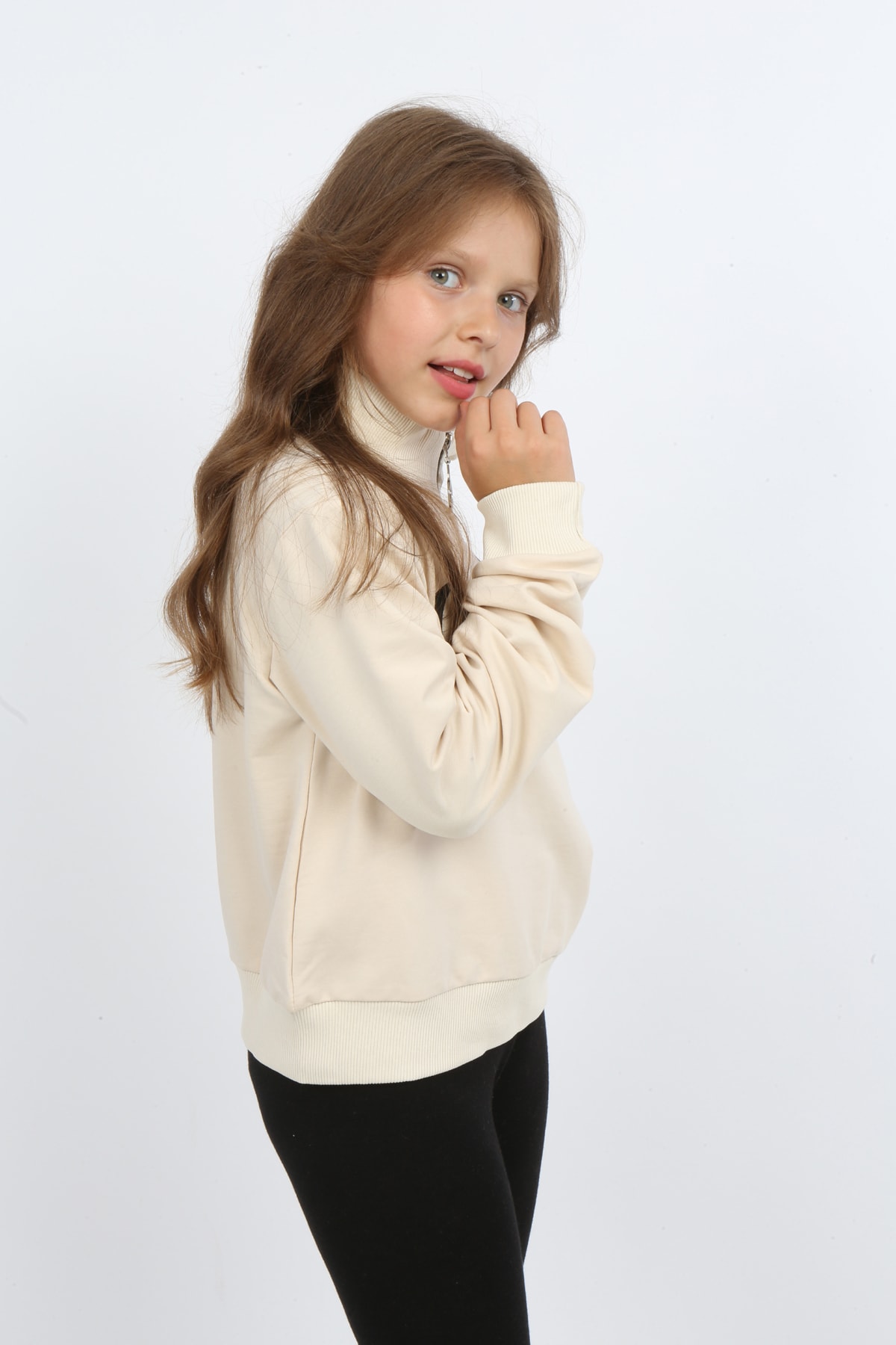 Kız Çocuk Ön Den Yarım Fermuarlı Baskılı Sweatshirt