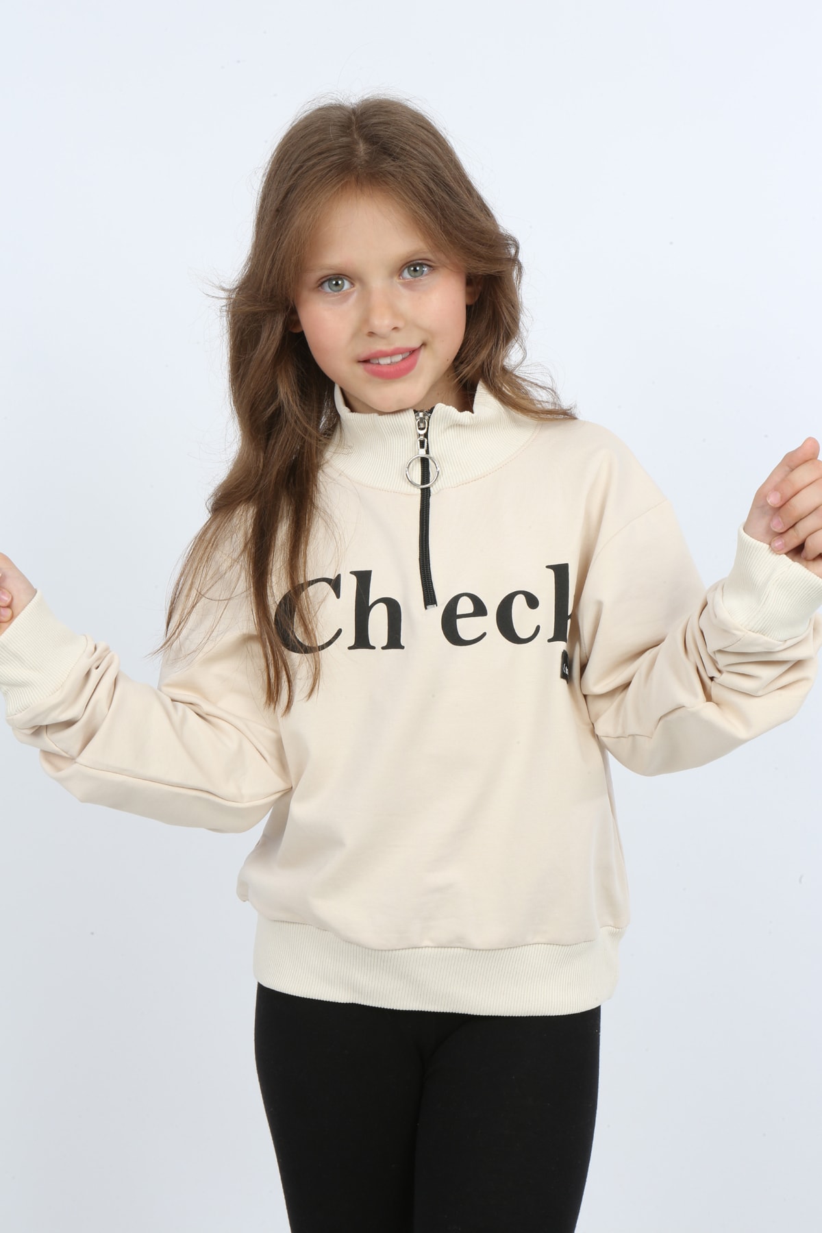 Kız Çocuk Ön Den Yarım Fermuarlı Baskılı Sweatshirt