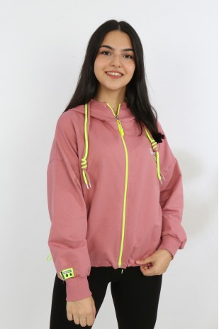 Kız Çocuk Ön Ve Arka Nakışlı Fermuarlı Cepli Sweatshirt