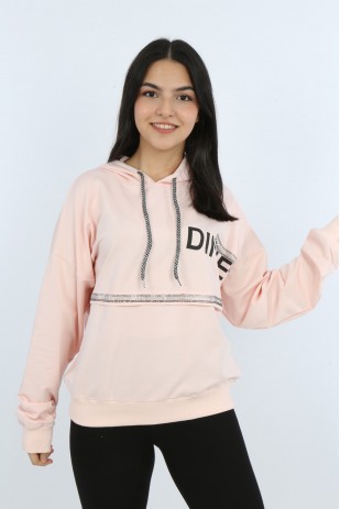 Kız Çocuk Önü Taş Detaylı Baskılı Sweatshirt