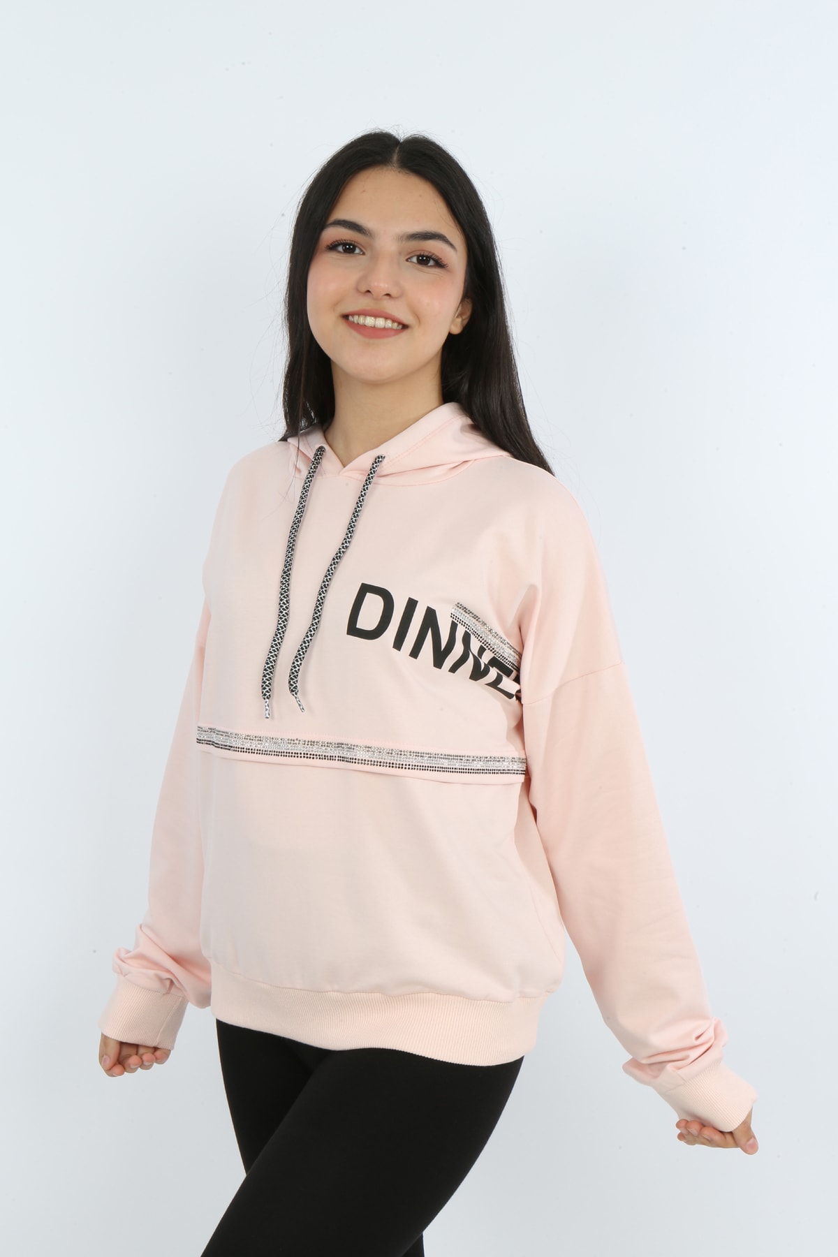 Kız Çocuk Önü Taş Detaylı Baskılı Sweatshirt