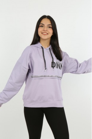 Kız Çocuk Önü Taş Detaylı Baskılı Sweatshirt