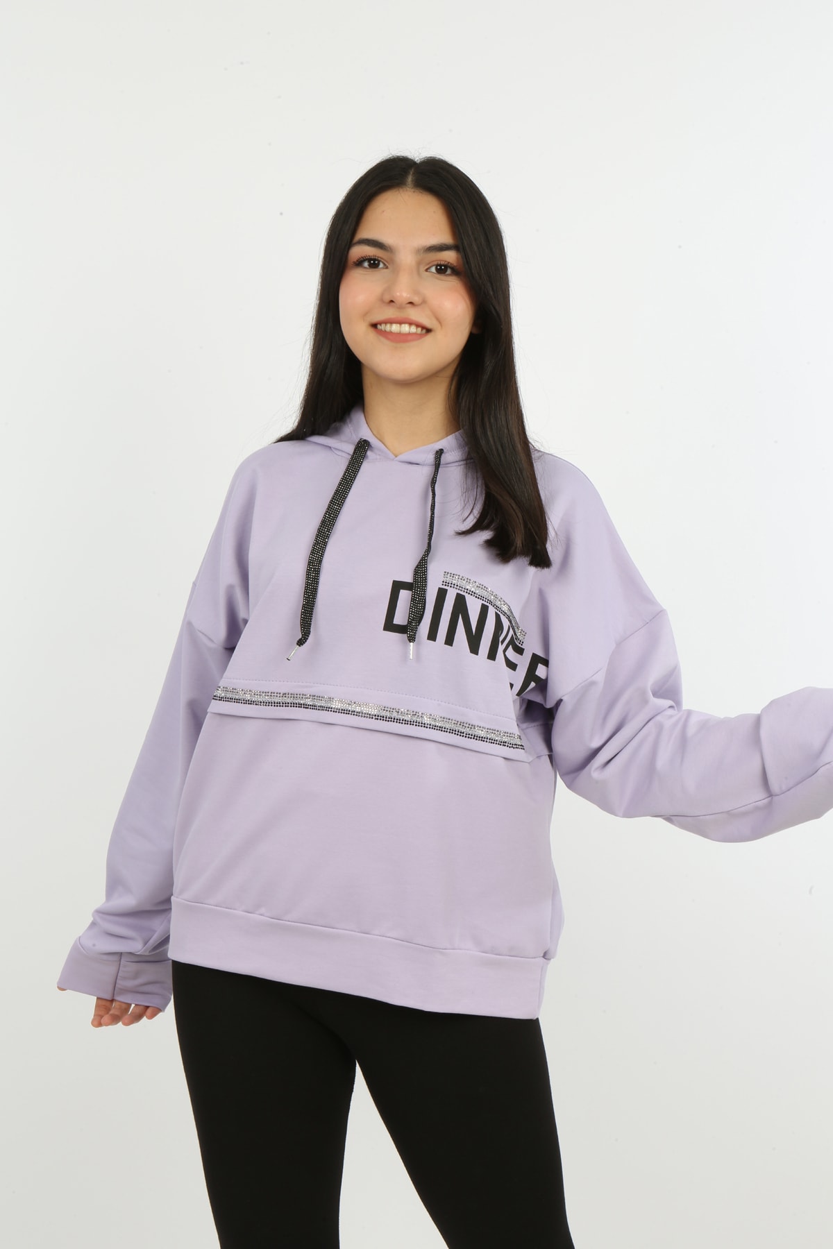 Kız Çocuk Önü Taş Detaylı Baskılı Sweatshirt